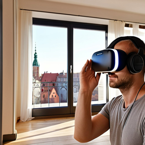 Home 7 A person wearing a sleek VR headset, deeply immersed in a photorealistic virtual tour of a spacious, sunlit luxury apartment. The virtual view seen through the headset shows a contemporary living room with elegant furniture, a large window overlooking a charming historic European city center (reminiscent of Wrocław's Old Town), and subtle details like light filtering through, evoking a strong sense of emotional connection and the possibility of future life within the space.