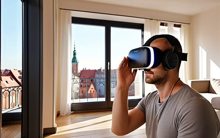 A person wearing a sleek VR headset, deeply immersed in a photorealistic virtual tour of a spacious, sunlit luxury apartment. The virtual view seen through the headset shows a contemporary living room with elegant furniture, a large window overlooking a charming historic European city center (reminiscent of Wrocław's Old Town), and subtle details like light filtering through, evoking a strong sense of emotional connection and the possibility of future life within the space.