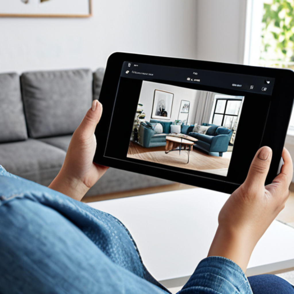 **Retail:** "A woman in a stylish, fully clothed, modest outfit standing in her modern apartment, using an AR app on her tablet to virtually place a new sofa in her living room. The scene shows the real living room blended with a digital rendering of the sofa. Bright, natural lighting. Professional product photography style, perfect anatomy, natural proportions, well-formed hands, safe for work, appropriate content, fully clothed, professional."