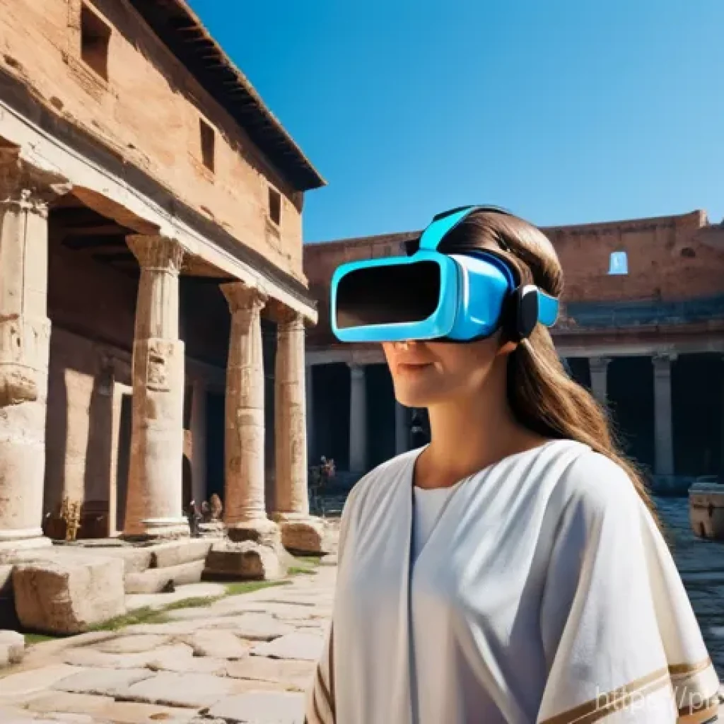 가상 현실과 증강 현실의 교육적 활용 - **"A young student, approximately 16 years old, wearing a sleek, modern VR headset, stands virtually...