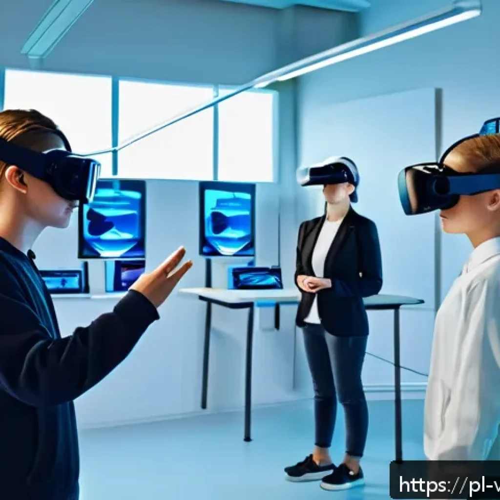 가상 현실 플랫폼의 성공적인 사례 - A highly detailed educational virtual reality classroom scene set in Poland, showing diverse student...