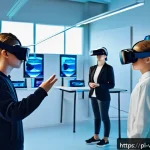 Home 20 가상 현실 플랫폼의 성공적인 사례 - A highly detailed educational virtual reality classroom scene set in Poland, showing diverse student...