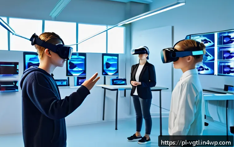 가상 현실 플랫폼의 성공적인 사례 - A highly detailed educational virtual reality classroom scene set in Poland, showing diverse student...