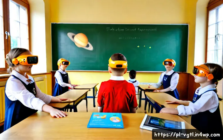 Home 17 증강 현실 기술의 교육적 활용 가능성 - Photorealistic Polish primary school classroom in Warsaw, a teacher guiding diverse children wearing...